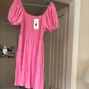 Abrand Pink Tiered Sundress with Puff Sleeves for Weddings